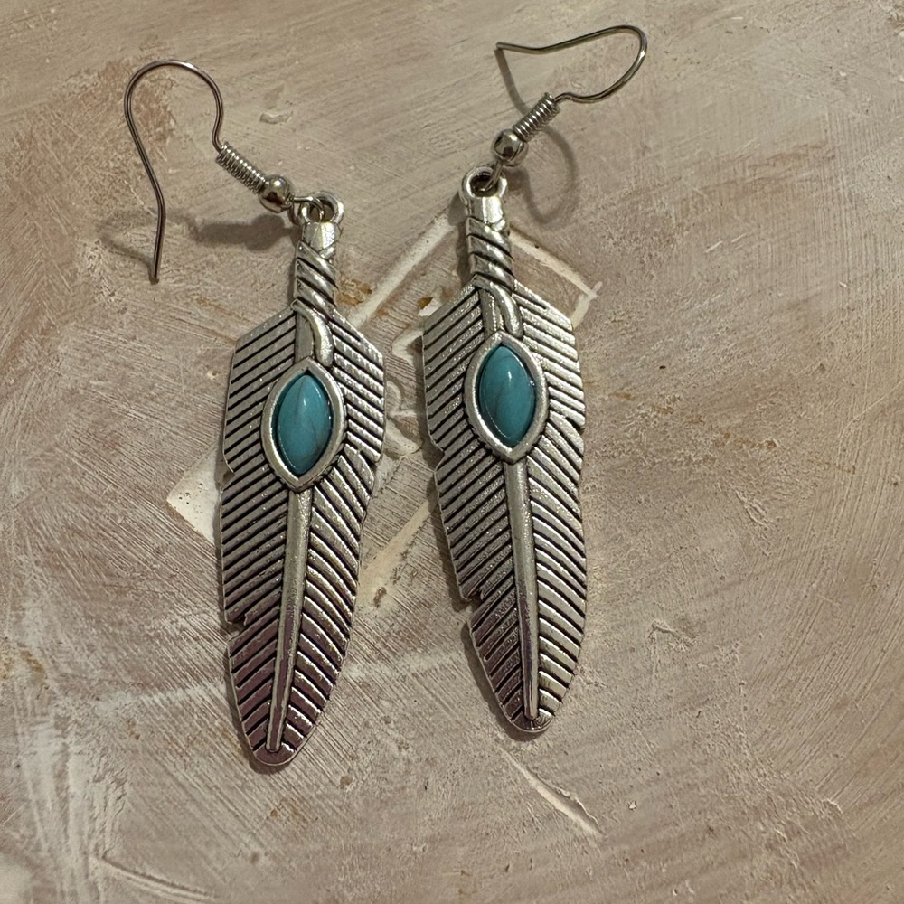 Silver Feather Earrings with Turquoise Accent